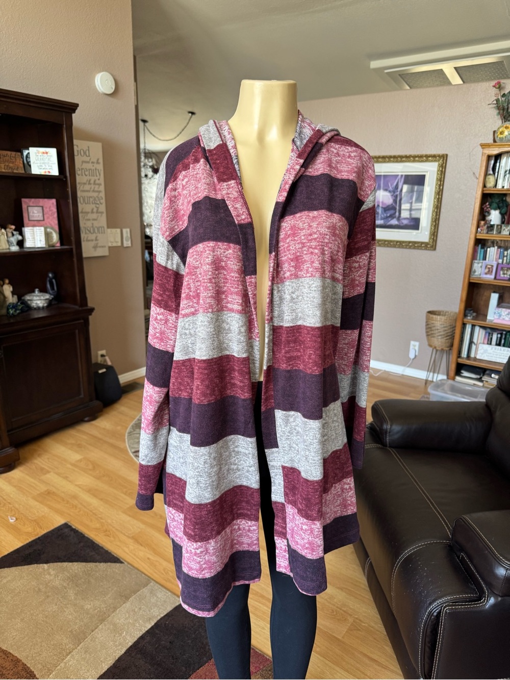 TruSelf striped hooded open front cardigan-size 2X